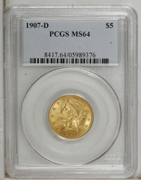 1907D $5 Liberty Half Eagle MS64